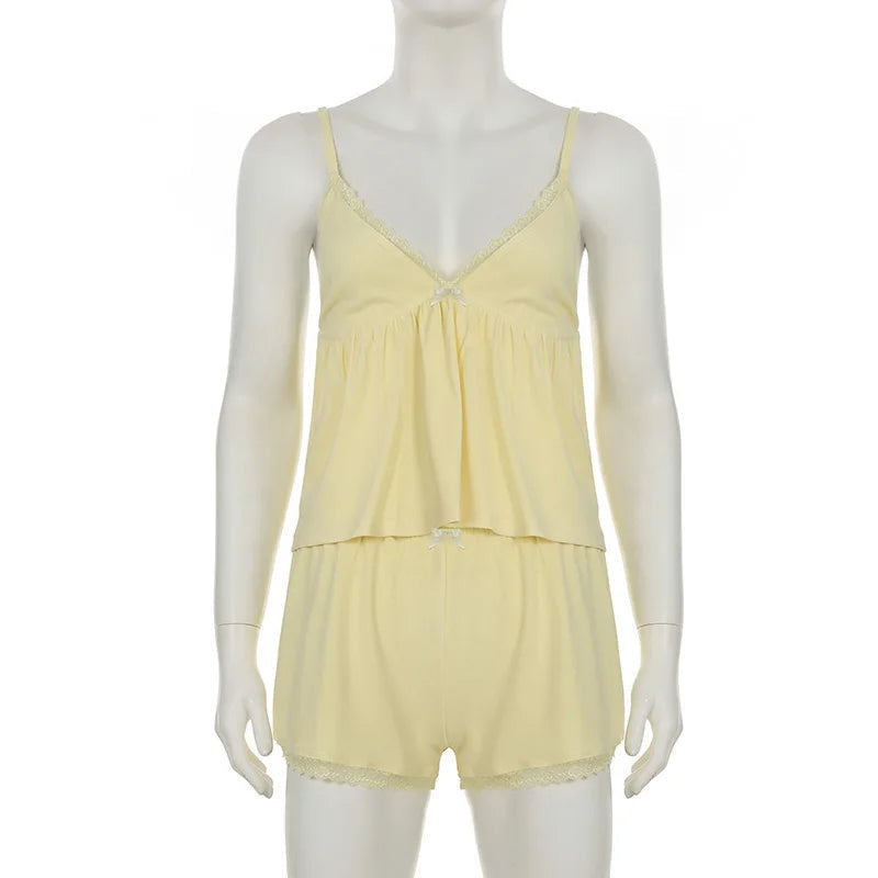 Aiertu  -  Lace Patchwork Solid Backless Two-piece Set Sleeveless Halter Vacation Sexy Sweet Suit Deep V-neck Summer Twinset Aiertu
