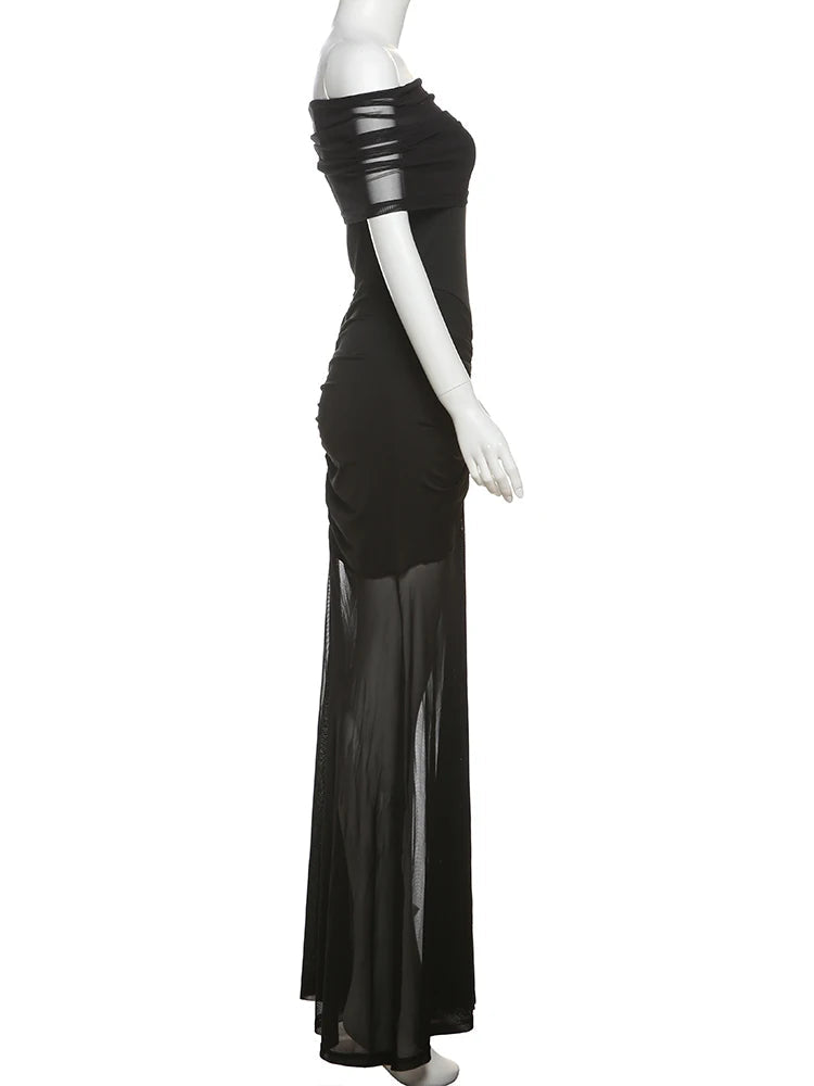 Aiertu  -  Summer Trend Maxi Dress Women Double Deck Ruched Slash Neck Short Sleeve Midnight Simple Solid Stretch Slim Vestidos Aiertu