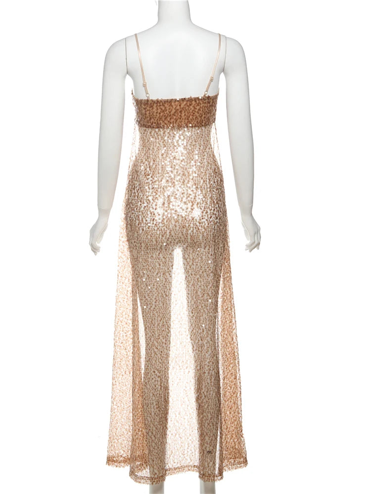 Aiertu  -  Vacation Shiny Sequins Extra-Long Camisole Women 2025 Y2K Summer Trend Backless See Through Hem Wild Fashion Outfits Aiertu
