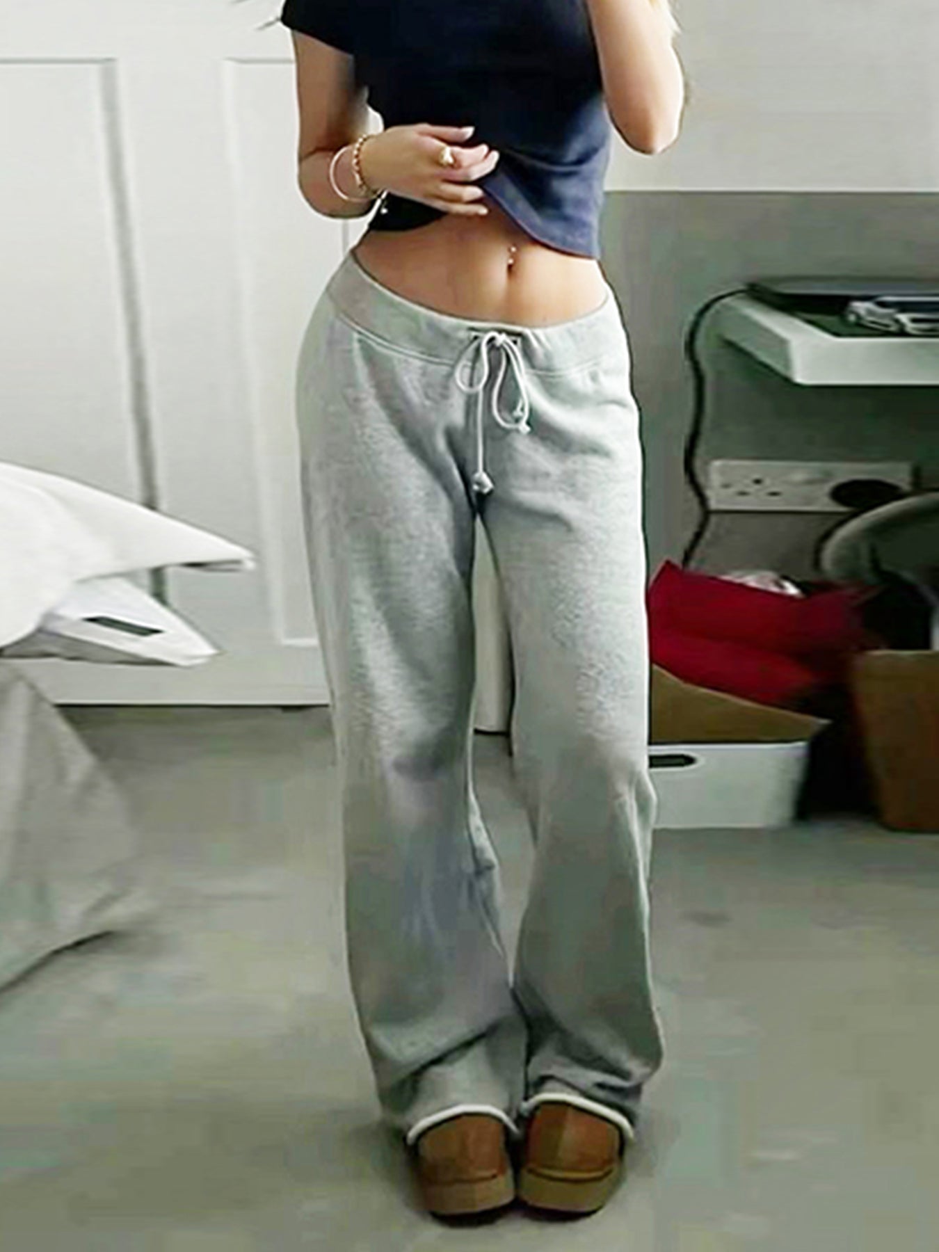 Aiertu - summer inspo Pockets Drawstring High Waist Casual Loose Sweatpants For Women Gray Solid Basic Simple Straight Leg Pants Jogging Trousers Aiertu