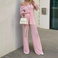 Aiertu  -  Causal Commuter Ladies Long Top Pants Set Streetwear Shirt Suit Big Wig Trousers Loose Two-piece Set Women Suit Festival Outfit Aiertu