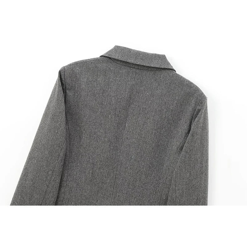 Aiertu  -  High Street Women Gray Double Breasted Elegant Crop Blazer Long Sleeve Lapel Collar  Business Suit Jacket Aiertu
