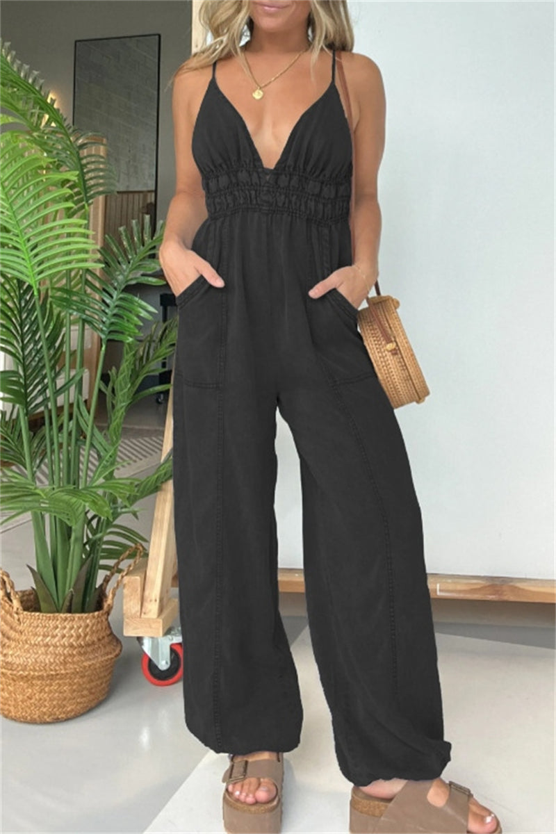 Aiertu  -  Sexy Casual Solid Color Patchwork Backless Spaghetti Strap Fitted Jumpsuits(5 Colors) Aiertu