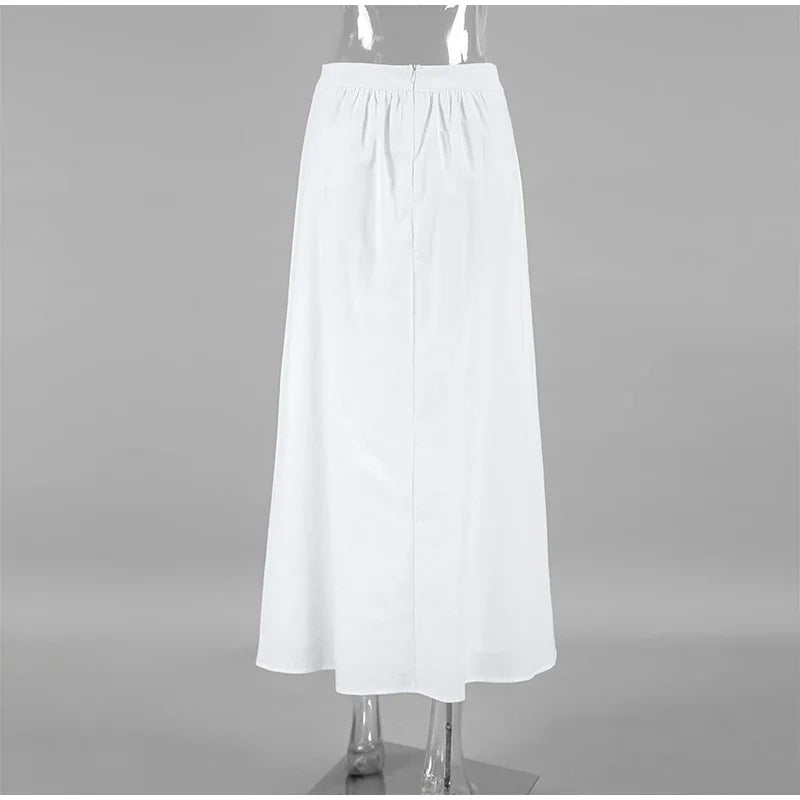 Aiertu  -  Solid Cotton Linen Elastic High Waist Maxi Skirt Elegant Ankle-length Pleated A-line Skirts Fashion Mid-calf Length Skirts Aiertu