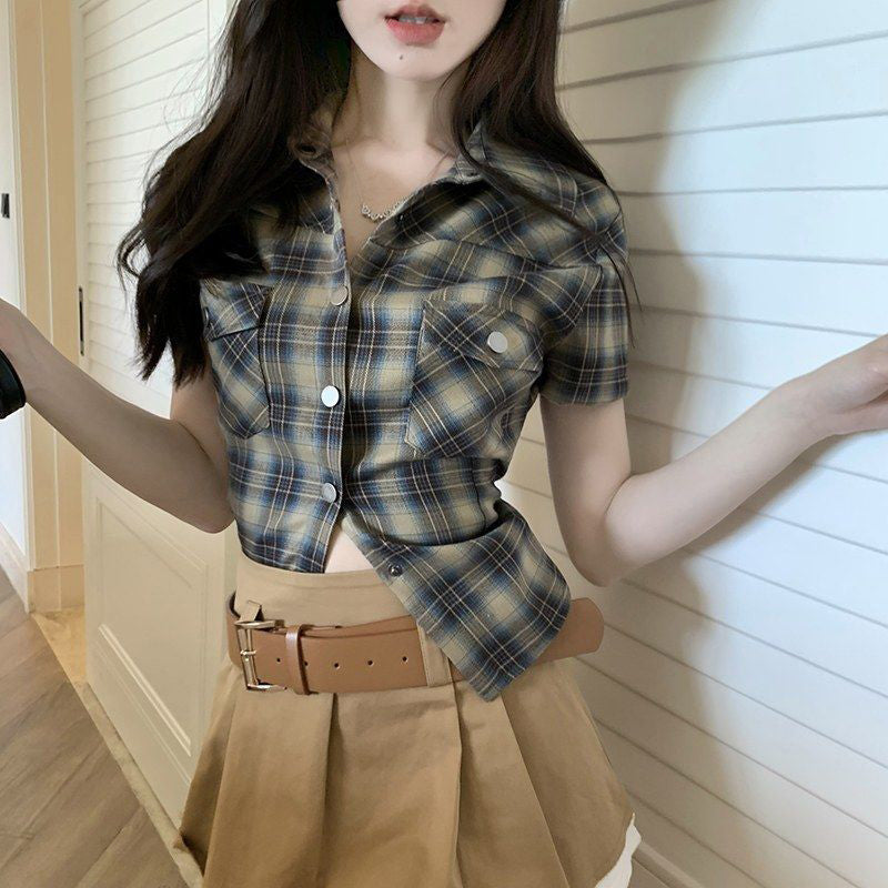 Aiertu Vintage Plaid Shirts Women Harajuku Cropped Pockets Blouses Summer Streetwear Korean Short Sleeve Slim Chic Design Tops Aiertu