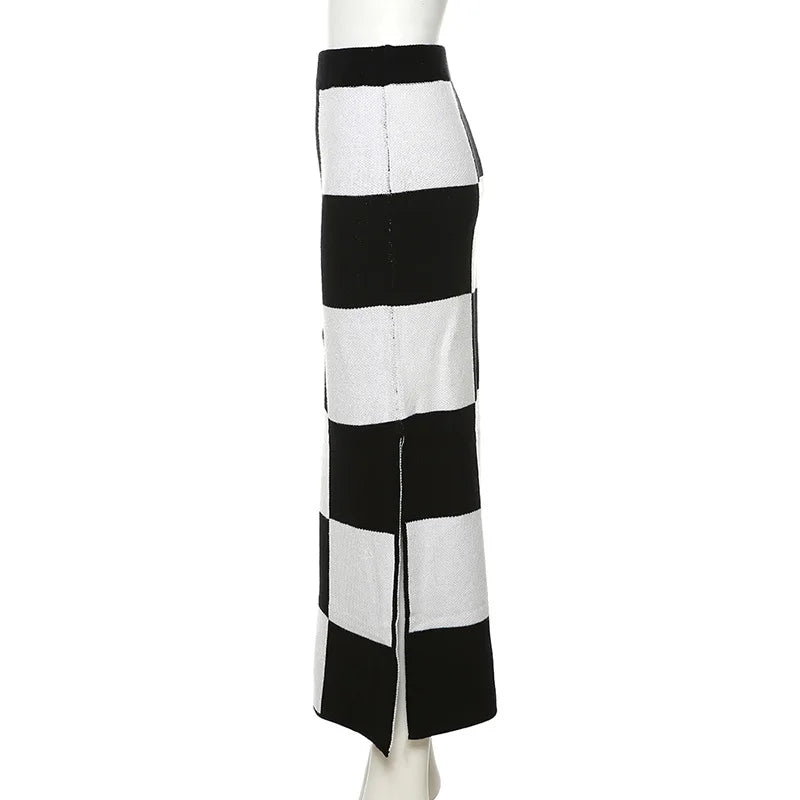 Aiertu  -  Classic Women Skirts Checkerboard Knit Side Split Skinny Vintage Fashion Wild Streetwear High Waist Maxi Straight Skirt Aiertu