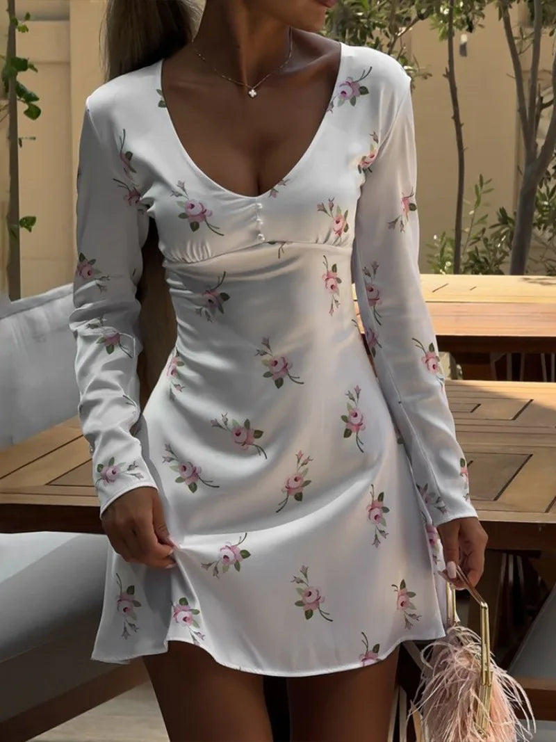 Aiertu  -  2026 Fall Vintage Floral Print Short Dress Streetwear Office Lady V-neck Long Sleeve Tunics A-line Satin White Holiday Dresses Aiertu
