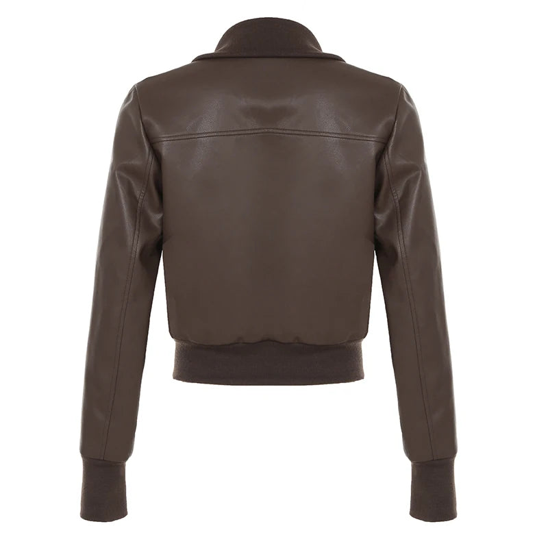 Aiertu  -  cold weather outfits Faux Leather Women Brown Jacket Vintage Fashion Autumn Streetwear Zipper Coat Casual Y2K Motorcycle Style Outwear Aiertu