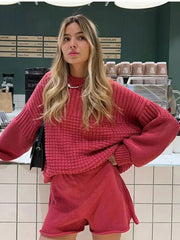 Aiertu  -  Knitted Solid Women Sweater Sets Crochet O Neck Full Sleeves Lady Pullover Set 2024 Autumn Casual Fashion Wide Leg Shorts Suit Aiertu