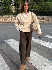PICSGIRL  -  Faux Fur Jackets Women Casual Loose V Neck Double Breasted Thick Warm Coats Female  Winter Fashion Solid Long Sleeves Coat Aiertu