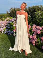 Aiertu  -  Sexy Backless Halter Women's Dresses Fashion Ruffly Pleated Sleeveless Long Dresses Women Retro Elegant Beach Party Dress Aiertu