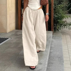 Aiertu  -  Cotton Linen Wide Leg Pants Women Fashion Elastic High Waist Pockets Casual Loose Trousers Streetwear Summer Vacation Bottoms Aiertu
