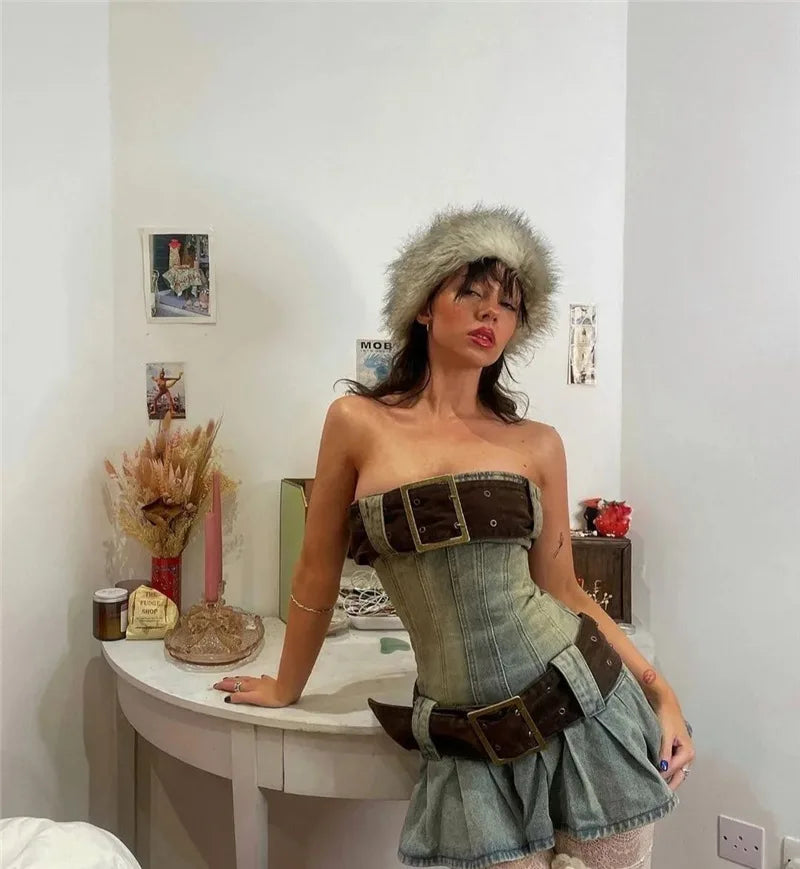 Aiertu  -  Women new style skirt hot girl retro super wide detachable belt thirteen lines pleated tube top denim dress Aiertu
