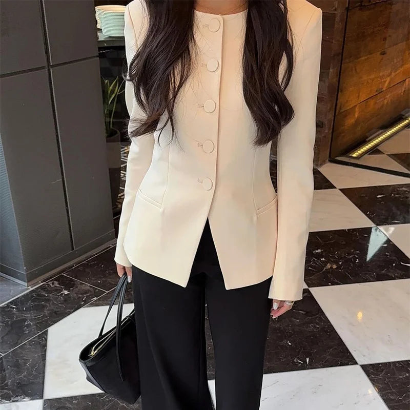 Aiertu  -  Five Button Suit Jacket Coat Short Skirt Set Round Neck Commuting Slim Fit Elegant Outwear Women Overcoat Skirts Formal Attire Aiertu
