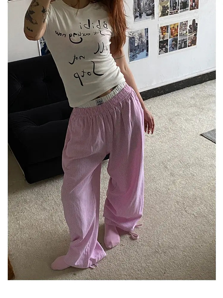 Aiertu  -  Blue Stripe Pants Women Y2k Fake Two Piece Wide Leg Sweatpants Baggy Kpop Sport Trousers Hip Hop Harajuku Summer Bottoms Aiertu