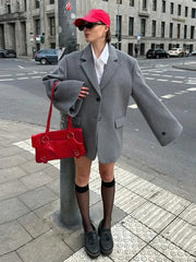Aiertu  -  Fashion Gray Lapel Blazer Coat Women's Oversized Long Sleeves Pocket Loose Suit Jacket New Casual Office Lady Wool Outerwear Aiertu