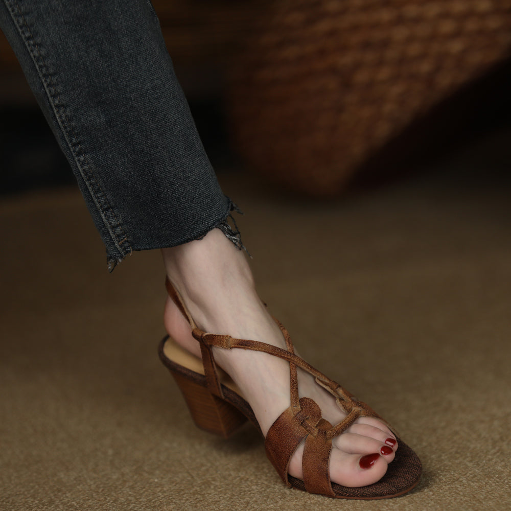 Aiertu  PeepToe Retro Shoes Women Cow Suede Leather French Style Sandals High Heel 6.5CM Handmade Vingtage Shoes Summer Sandals Aiertu