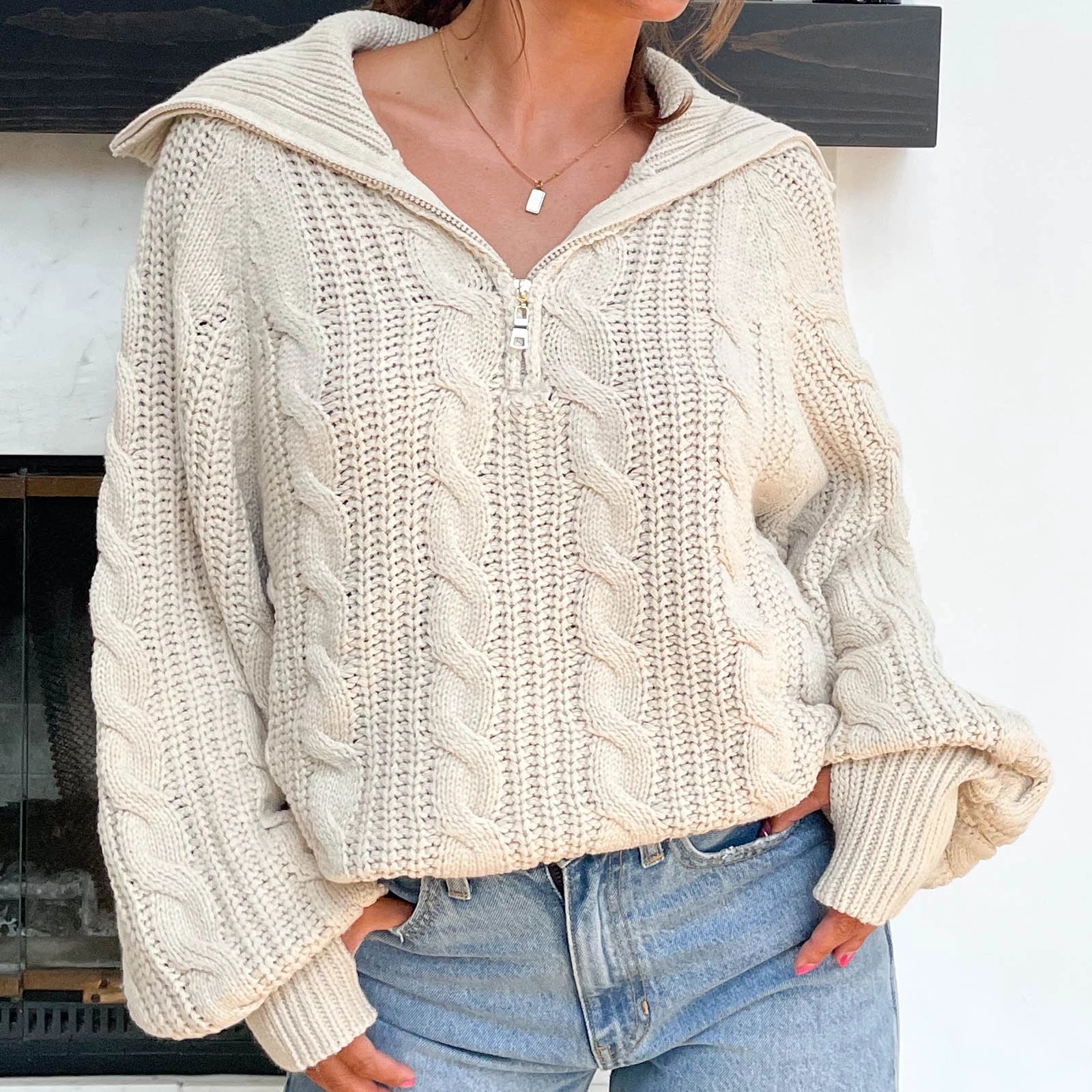 Aiertu  -  Women Cable Knit Chunky Sweater Comfy Long Sleeve Quarter Zip Knitted Pullover Fall Winter Trendy Half Zip Knitwea Aiertu