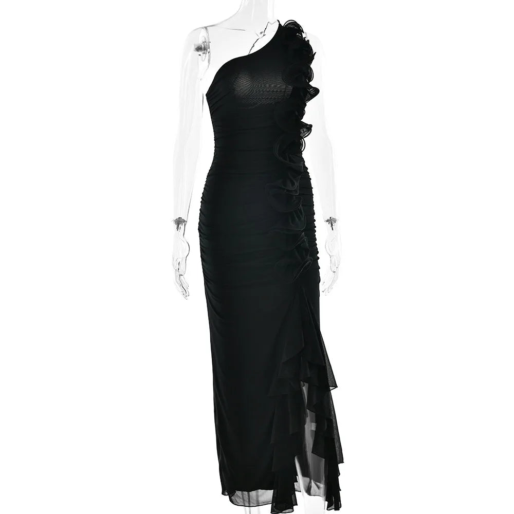 Aiertu  -  Chic Diagonal Collar Ruffles Asymmetrical Long Dress Women Summer One Shoulder Sleeveless Backless Split Vacation Party Dresses Aiertu