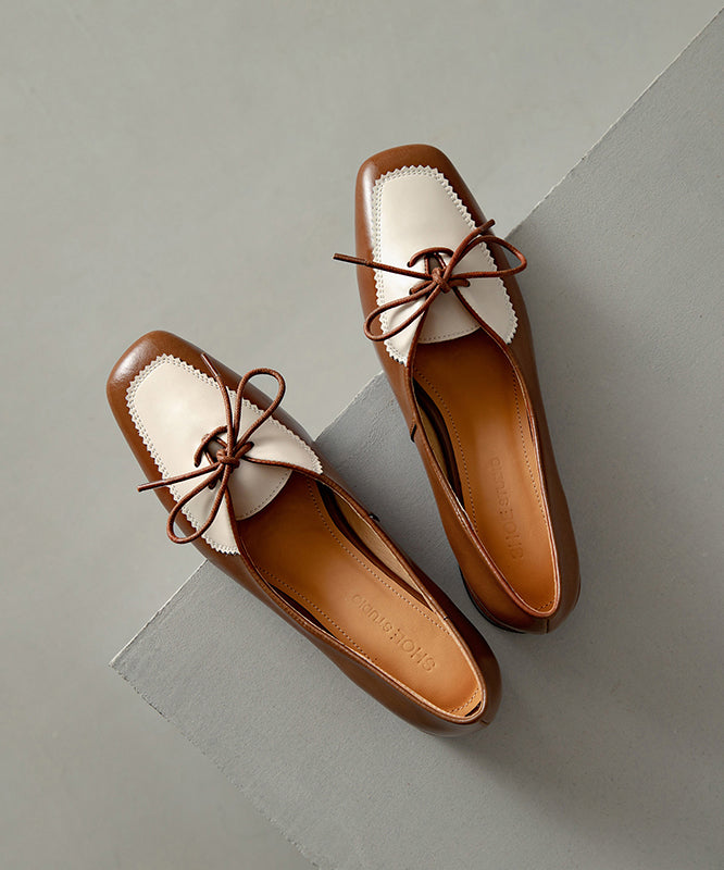 Aiertu  Original Design Brown Cowhide Leather Lace Up Splicing Flats Aiertu