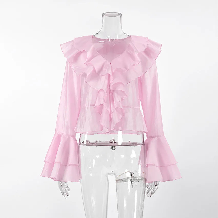 Aiertu  Summer Ruffle Short Tshirts Ladies 2025 Fashion V Neck Long Sleeve Shirts Party Casual Vacation Pink Top Women's Clothes Aiertu