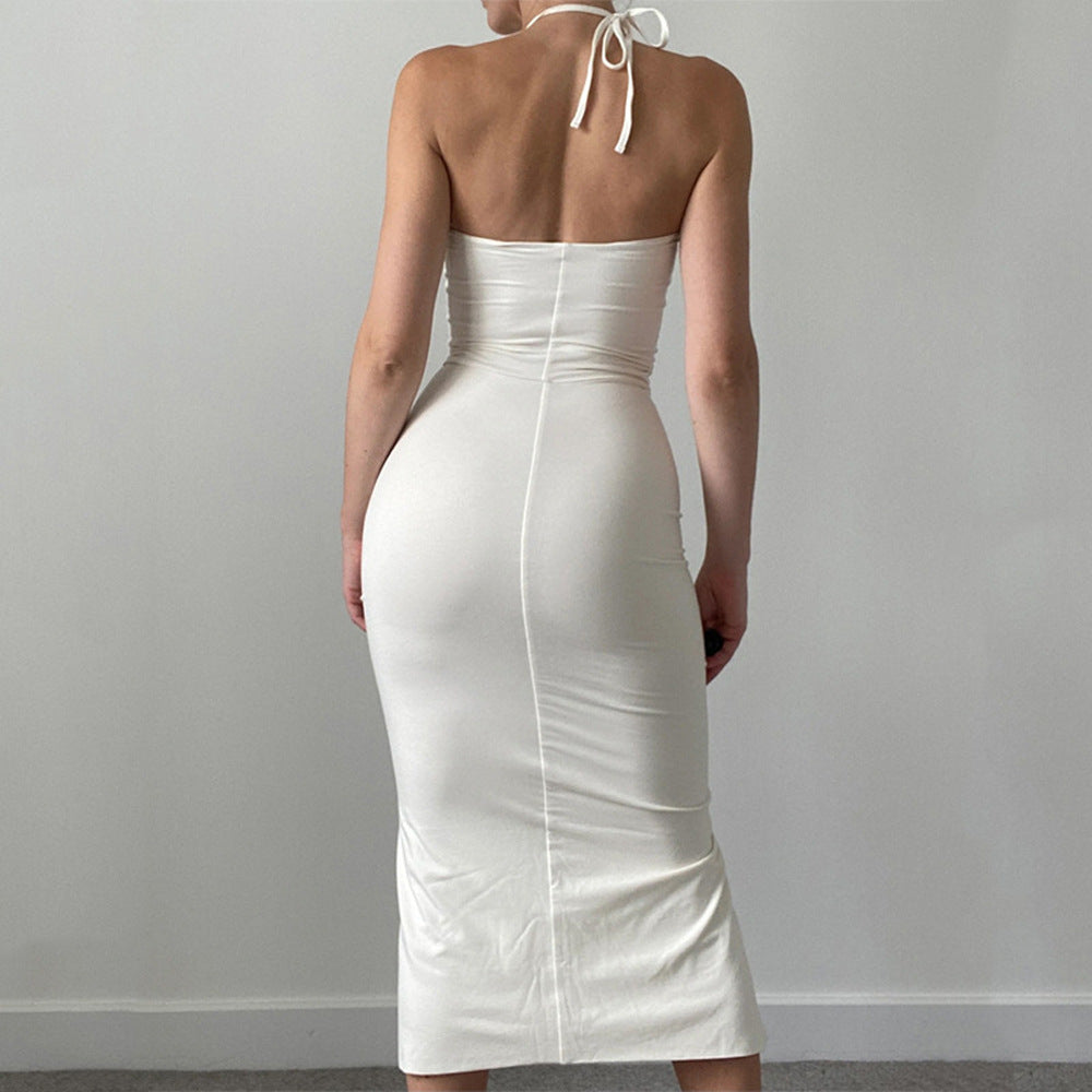 Aiertu - Lace Up Drawstring Ruched Side Slit Midi Dress Aiertu