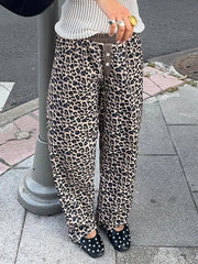 Aiertu  Leopard Print Patchwork Straight Pants Elastic Waist Fashion Harajuku Trousers Aesthetic 2000s Casual Baggy Bottom Aiertu