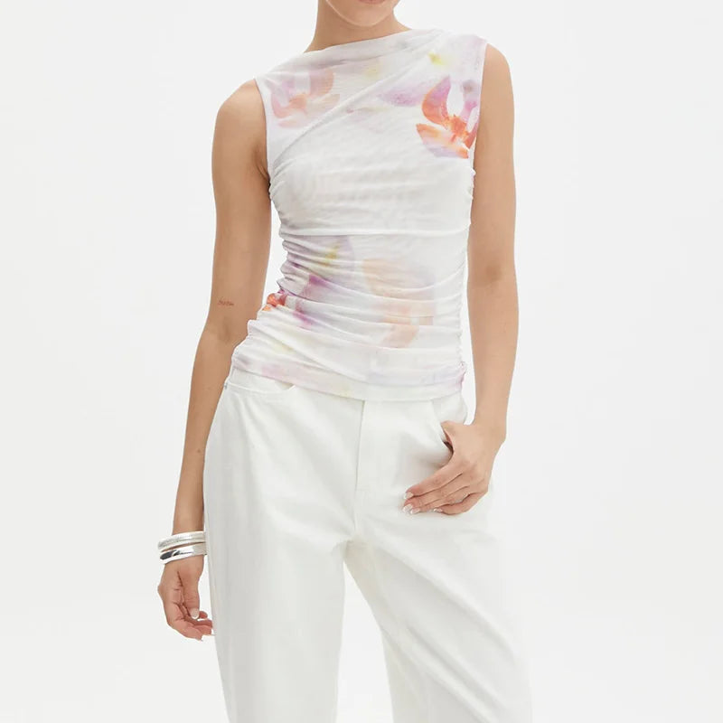 Aiertu  -  New O Neck Elegant Simple Chic Blouses, Women Summer Sleeveless Fashion Sweet Tops, 2025 Printing Holiday Pullover Ladies Shirts Aiertu