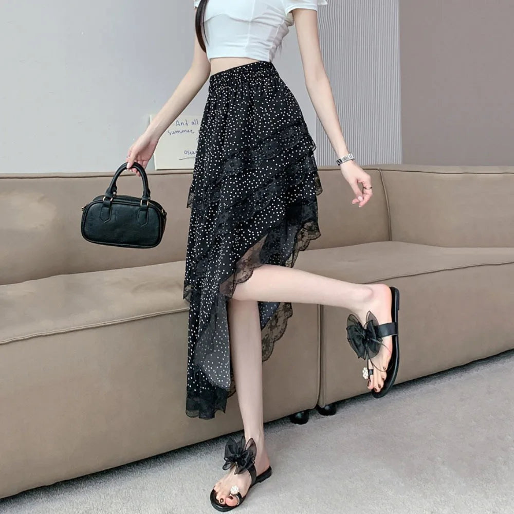 Aiertu  -  Sweet Polka Dot Skirts Y2k Aesthetic Irregular Streetwear High Waist Lace Edge Long Skirt Women Fairy Sexy Harajuku Falda Mujer Aiertu