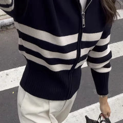 Aiertu  -  Autumn Women's Stripe Lazy Style Slouchy Knit Coat Sweater Zipper Cardigan Temperament Classic Top Aiertu