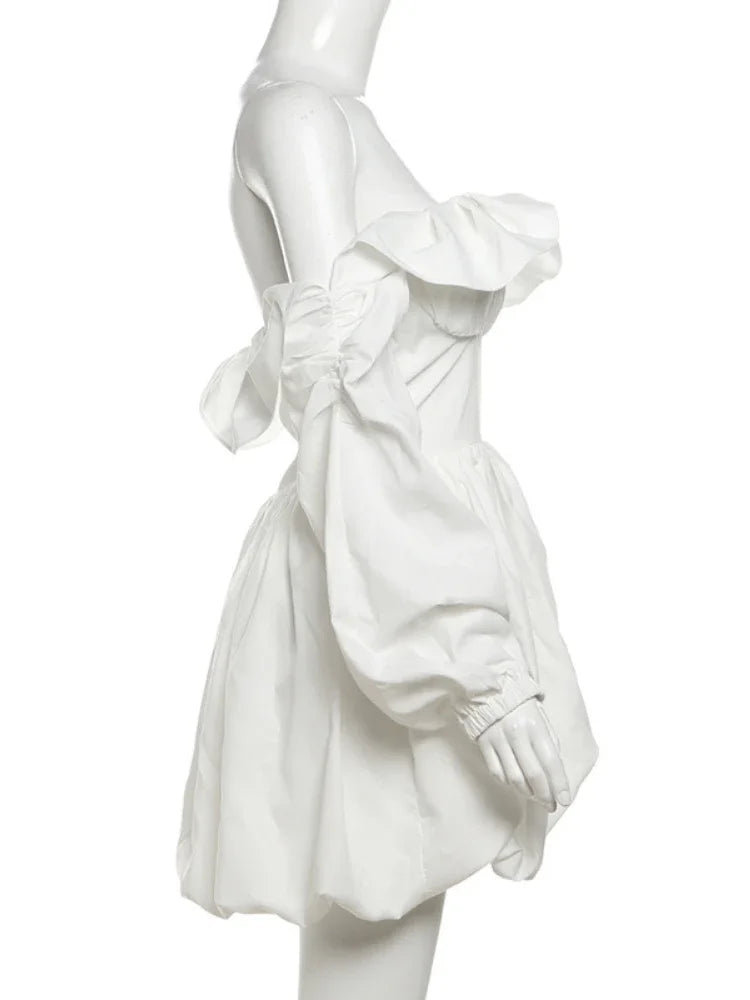 Aiertu  -  Off Shoulder Ruffle Dress White Slim Sexy Backless Long Sleeve Mini Dresses For Women's Patchwork Club Party Dress Femme Aiertu