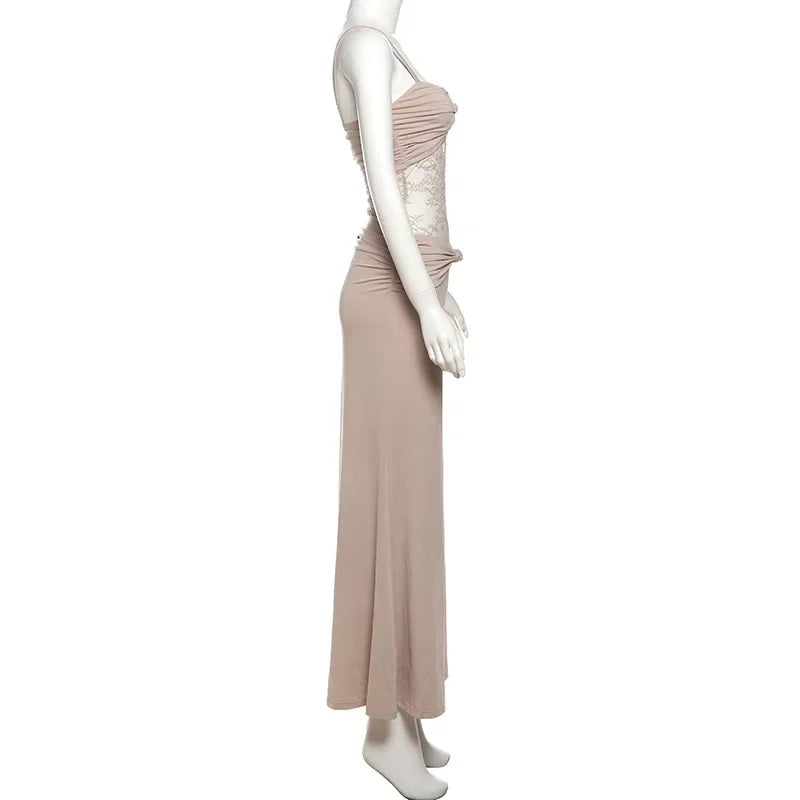 Aiertu  -  Women Sexy Sheer Lace Mesh Patchwork Knot Camisole Bodycon Maxi Party Dress Ruched Spaghetti Straps Backless Clubwear Long Robe Aiertu