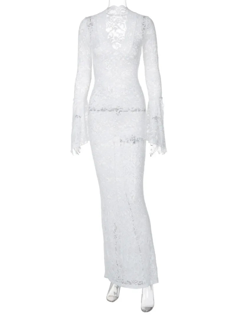 Aiertu  -  Elegant V-neck Flare Sleeve Hollow Out Long Maxi Lace Dress Women's 2026 Autumn See-through Bodycon White Holiday Party Dresses Aiertu