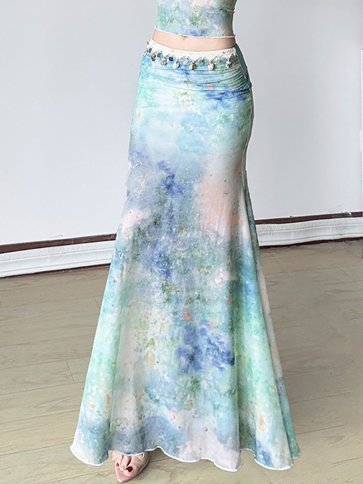 Aiertu  -Tie-Dye Low-Waist Ruched Slim Maxi Skirt aiertu