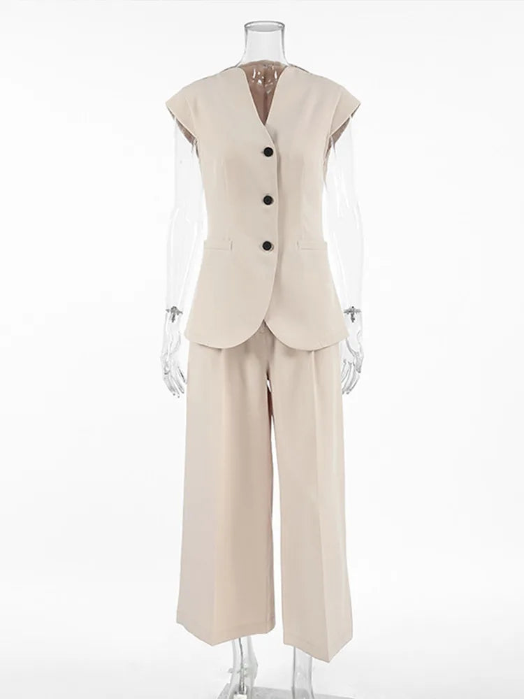 Aiertu  -  Commute Blazer Suit Women V-neck Sleeveless Single Breasted Tank High Waist Wide Leg Pant Female Set 2025 Early Spring Lady Sets Aiertu