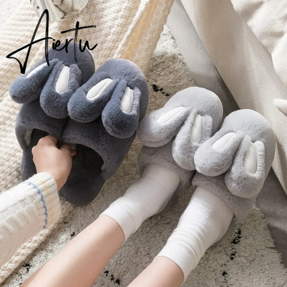 Aidase Fashion Women Slippers Winter Warm Fur Shoes Men Couples Cute Rabbit Ears Soft Sole Home Indoor Ladies Plush Slides Zapatillas Aiertu