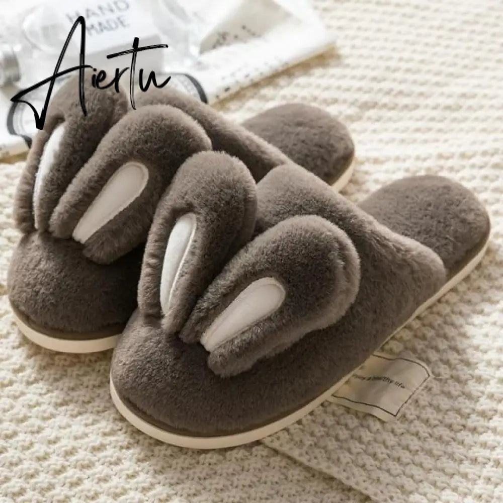 Aidase Fashion Women Slippers Winter Warm Fur Shoes Men Couples Cute Rabbit Ears Soft Sole Home Indoor Ladies Plush Slides Zapatillas Aiertu