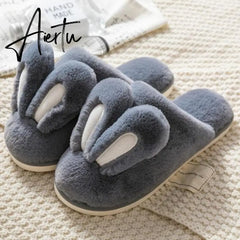 Aidase Fashion Women Slippers Winter Warm Fur Shoes Men Couples Cute Rabbit Ears Soft Sole Home Indoor Ladies Plush Slides Zapatillas Aiertu