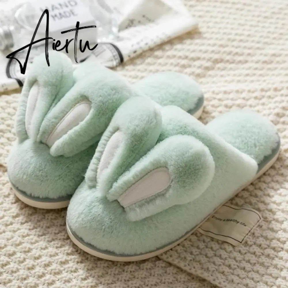 Aidase Fashion Women Slippers Winter Warm Fur Shoes Men Couples Cute Rabbit Ears Soft Sole Home Indoor Ladies Plush Slides Zapatillas Aiertu