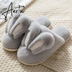 Aidase Fashion Women Slippers Winter Warm Fur Shoes Men Couples Cute Rabbit Ears Soft Sole Home Indoor Ladies Plush Slides Zapatillas Aiertu