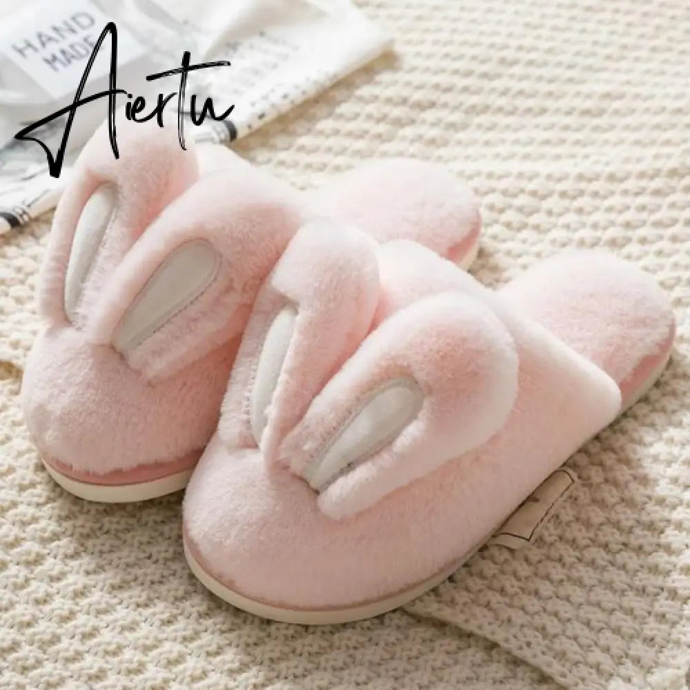 Aidase Fashion Women Slippers Winter Warm Fur Shoes Men Couples Cute Rabbit Ears Soft Sole Home Indoor Ladies Plush Slides Zapatillas Aiertu