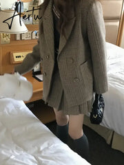 Aiertu 2 Piece Sets Women Outfits Autumn Winter Elegant Sweet Woolen Blazer High Waist Pleated Skirt Suit Korean Vintage Temperament Aiertu