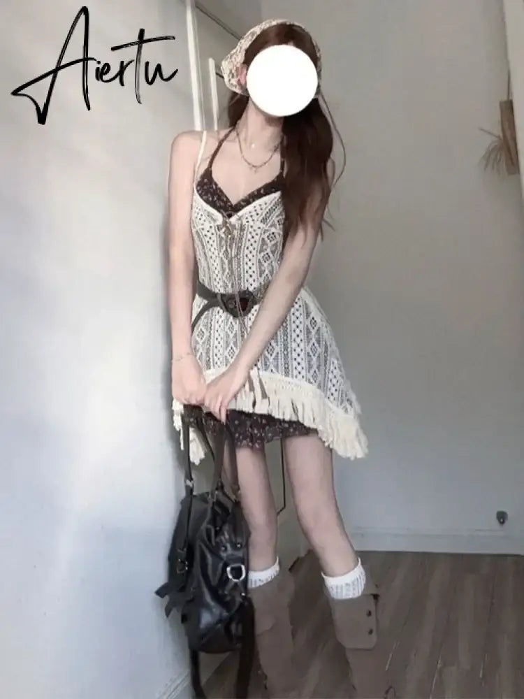 Aiertu 2000s Aesthetics Fashion Outfits 2 Piece Set Floral Dress Prairie Chic + Knitted Tops With Belt Spring Summer High Street Aiertu