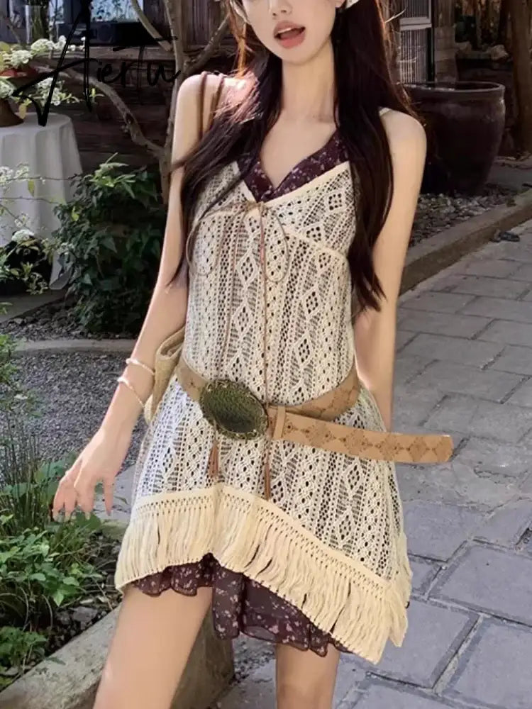 Aiertu 2000s Aesthetics Fashion Outfits 2 Piece Set Floral Dress Prairie Chic + Knitted Tops With Belt Spring Summer High Street Aiertu
