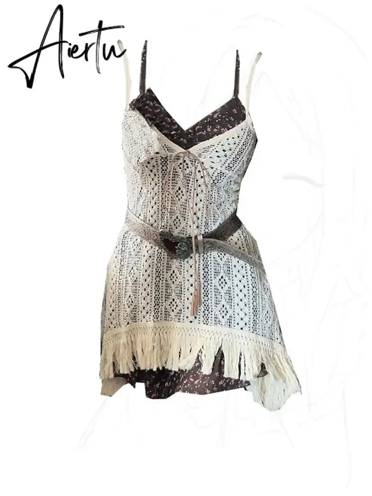 Aiertu 2000s Aesthetics Fashion Outfits 2 Piece Set Floral Dress Prairie Chic + Knitted Tops With Belt Spring Summer High Street Aiertu