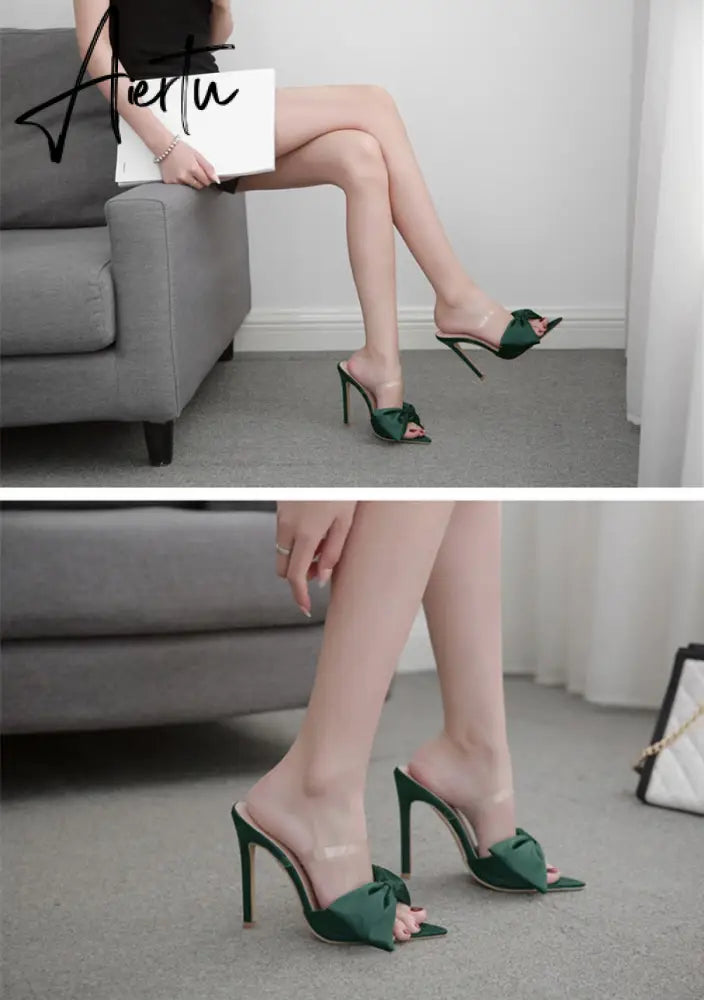 Aiertu  2022 Silk Butterfly-knot Women slippers Mule high heels Slippers Sandals flip flops Pointed toe Strappy Slides Party shoes Aiertu