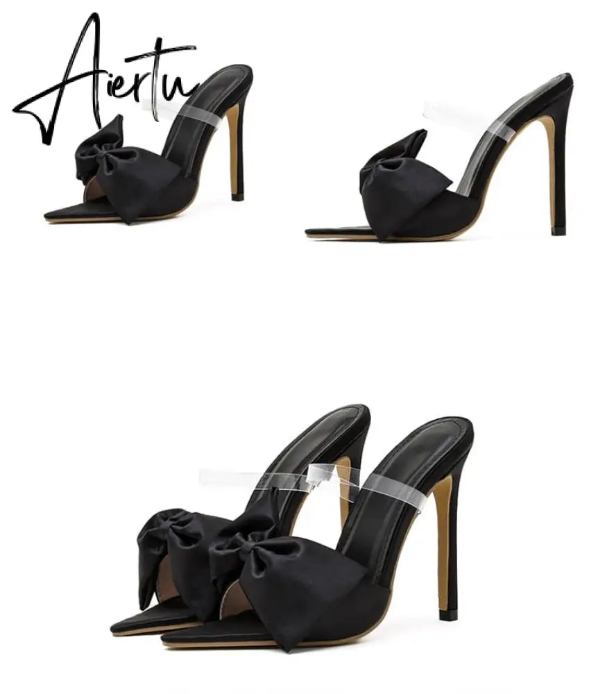 Aiertu  2022 Silk Butterfly-knot Women slippers Mule high heels Slippers Sandals flip flops Pointed toe Strappy Slides Party shoes Aiertu