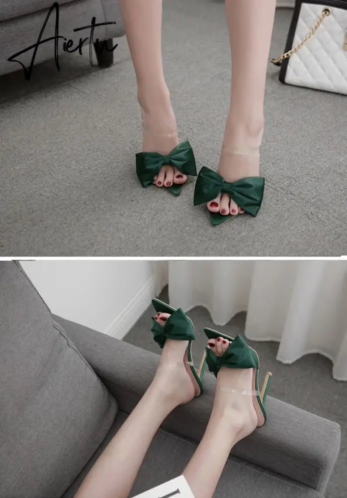 Aiertu  2022 Silk Butterfly-knot Women slippers Mule high heels Slippers Sandals flip flops Pointed toe Strappy Slides Party shoes Aiertu