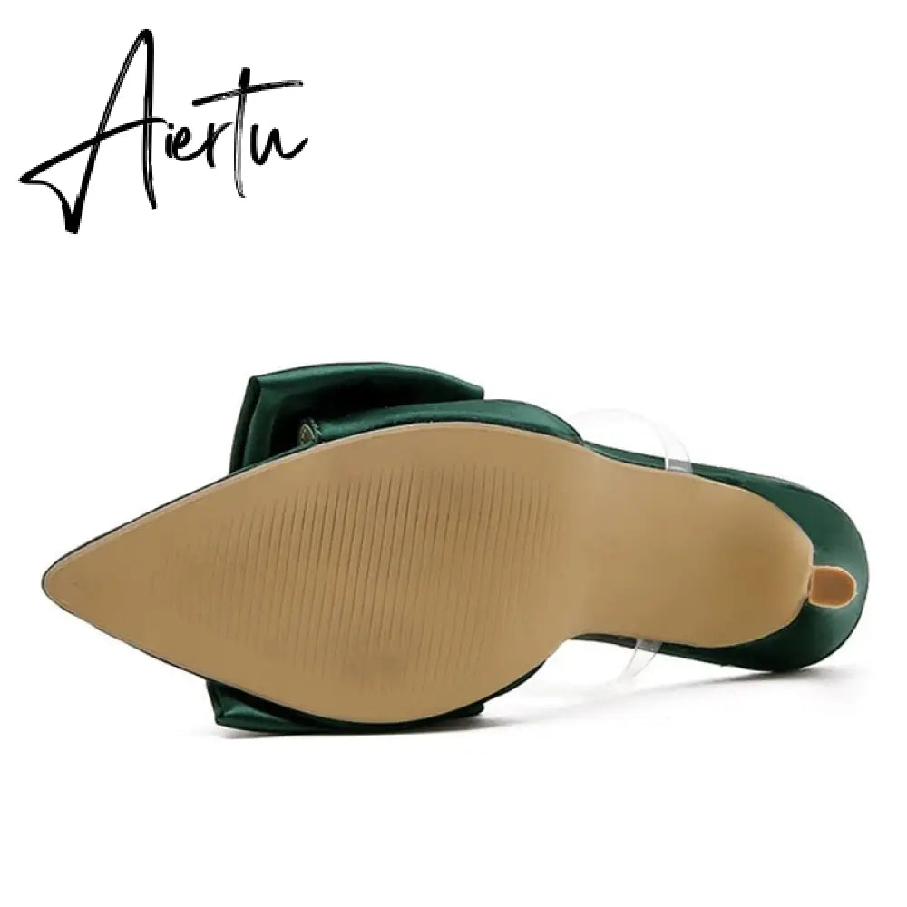 Aiertu  2022 Silk Butterfly-knot Women slippers Mule high heels Slippers Sandals flip flops Pointed toe Strappy Slides Party shoes Aiertu