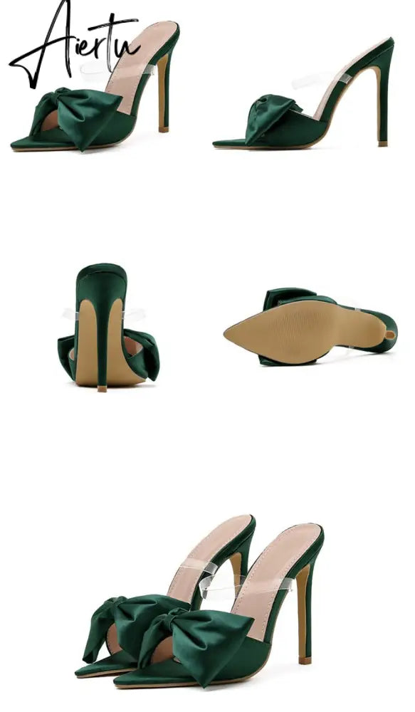 Aiertu  2022 Silk Butterfly-knot Women slippers Mule high heels Slippers Sandals flip flops Pointed toe Strappy Slides Party shoes Aiertu